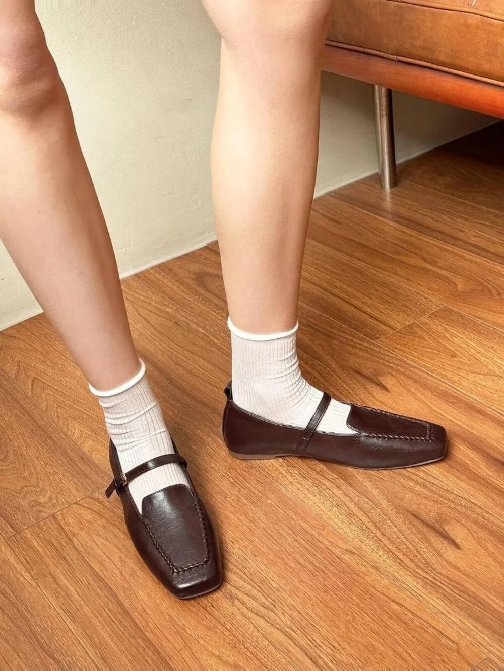 Women's Coffee Faux Leather Ballet Flats Loafers Square Toe Comfortable Shoes